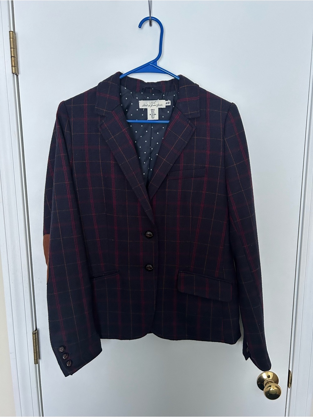 Navy Plaid Blazer with Red Windowpane & Brown Elbow Patches